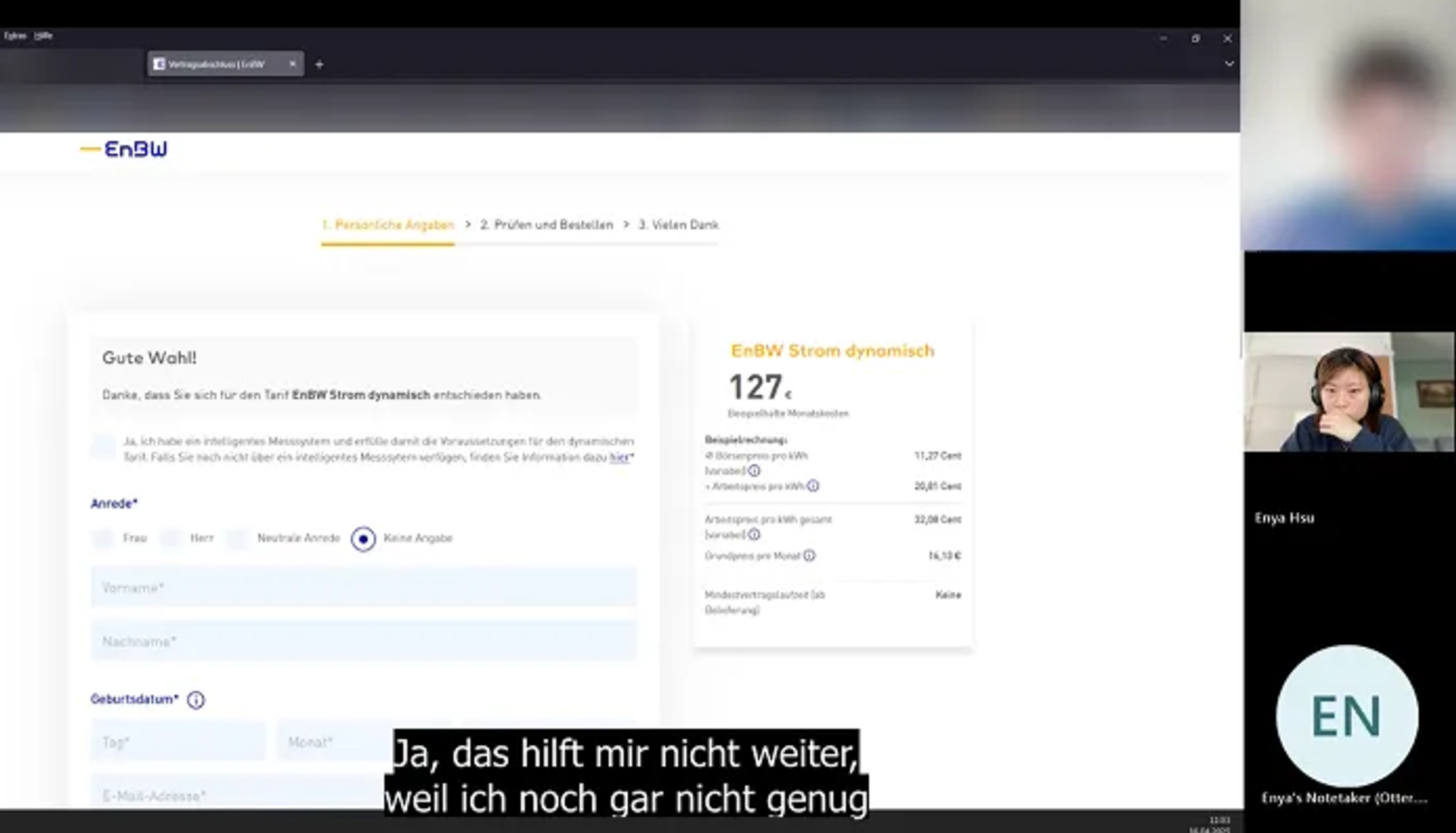 Screenshot from usability testing of EnBW's dynamic tariff webpage showing user interface during testing session, highlighting confusing information presentation