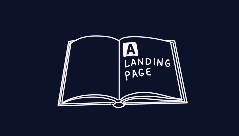 Illustration of an open book showing a chapter page reading “a landing page”