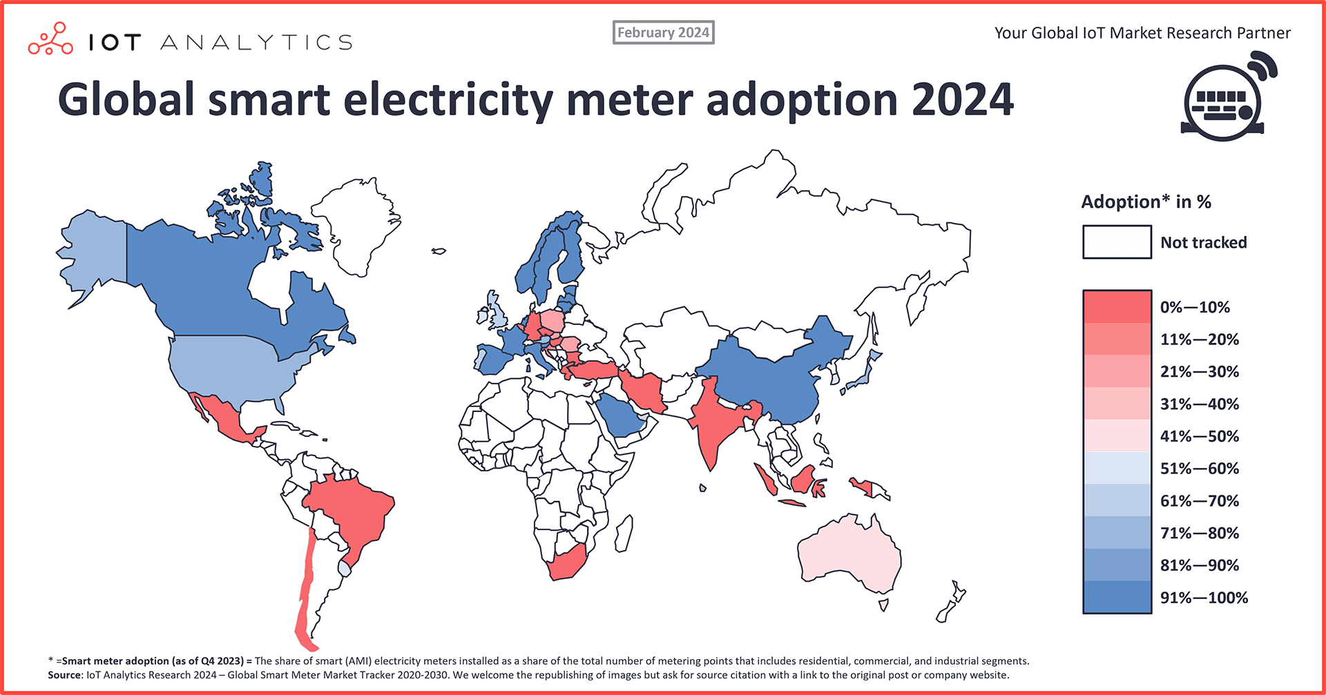 World map showing global smart meter electricity adoption rates in February 2024, with Germany lagging behind other European countries in smart meter deployment