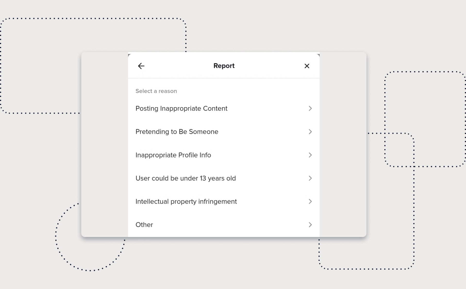 Screenshot of report menu on TikTok