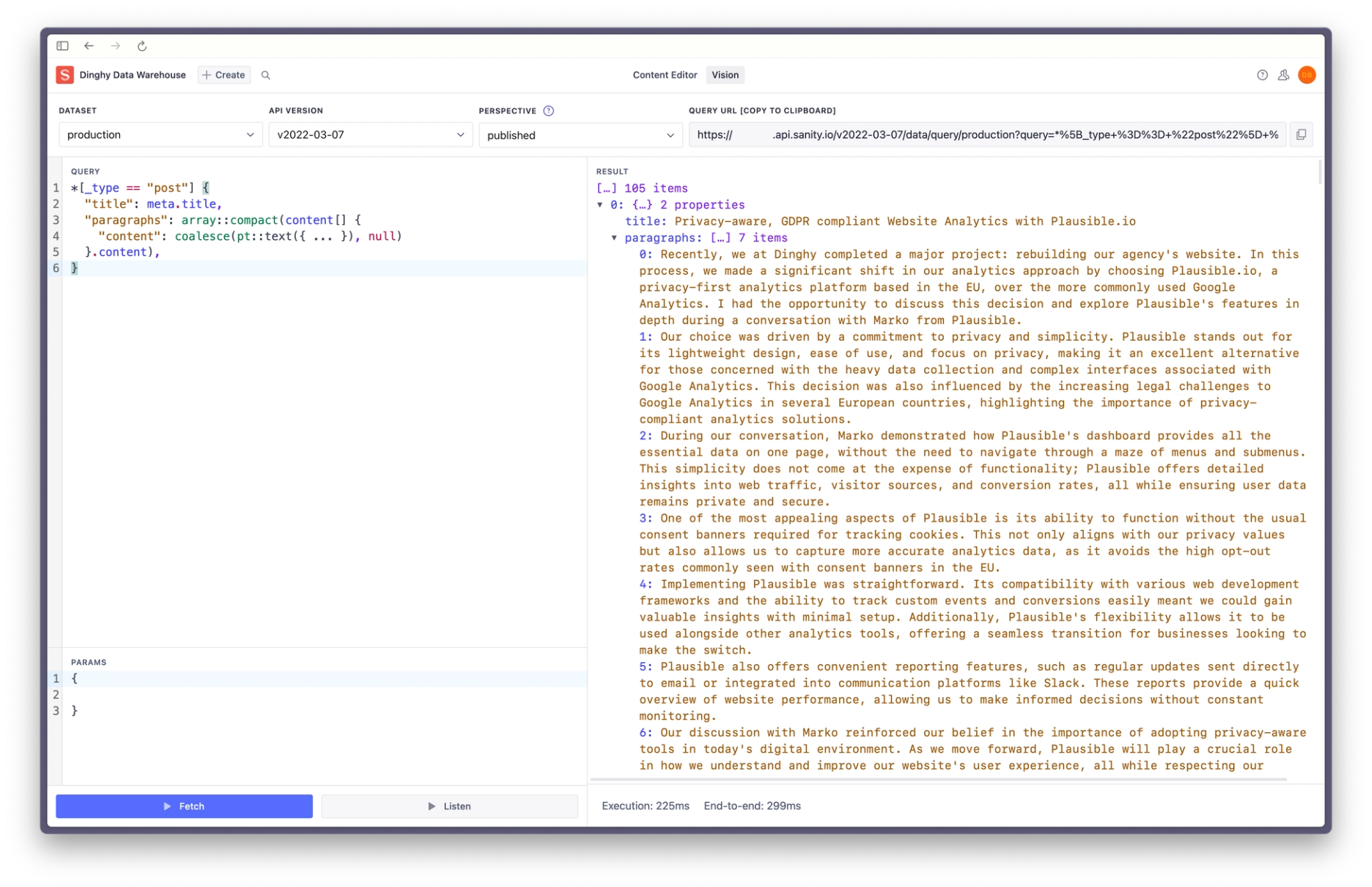 Screenshot of Data Lake response
