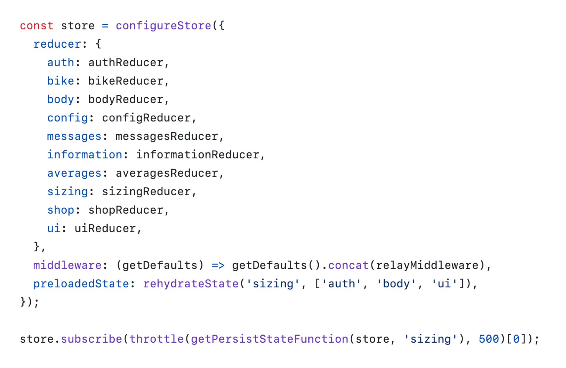 Code snippet of a Redux store as configured in one of Dinghy’s apps