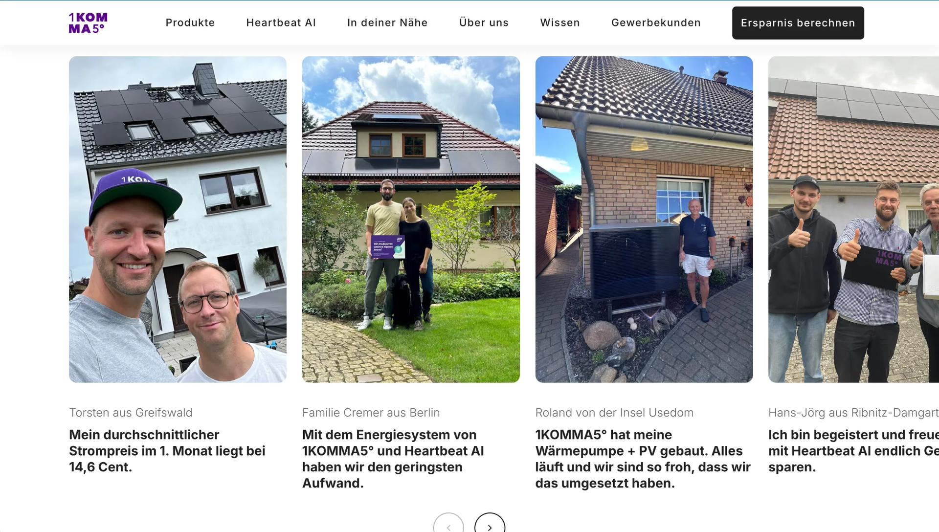 Screenshot of 1KOMMA5° website showing real customer testimonials and case studies with actual people and their energy savings, demonstrating trust-building through authentic customer stories