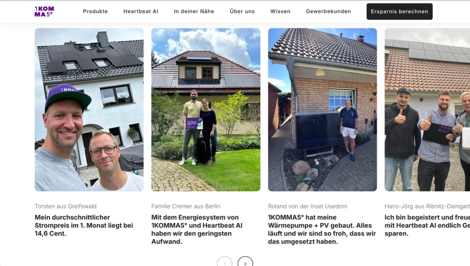 Screenshot of 1KOMMA5° website showing real customer testimonials and case studies with actual people and their energy savings, demonstrating trust-building through authentic customer stories