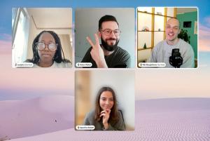 4 crew members checking into a Slack huddle, one gesturing with the victory sign