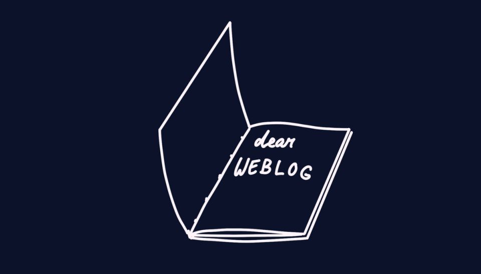 Illustration of a notebook with its first page reading “dear weblog”
