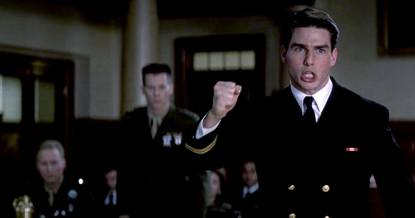 Lieutenant Daniel Kaffee, the protagonist in A Few Good Men pumps his fist into the air during the court-martial setting of the film.