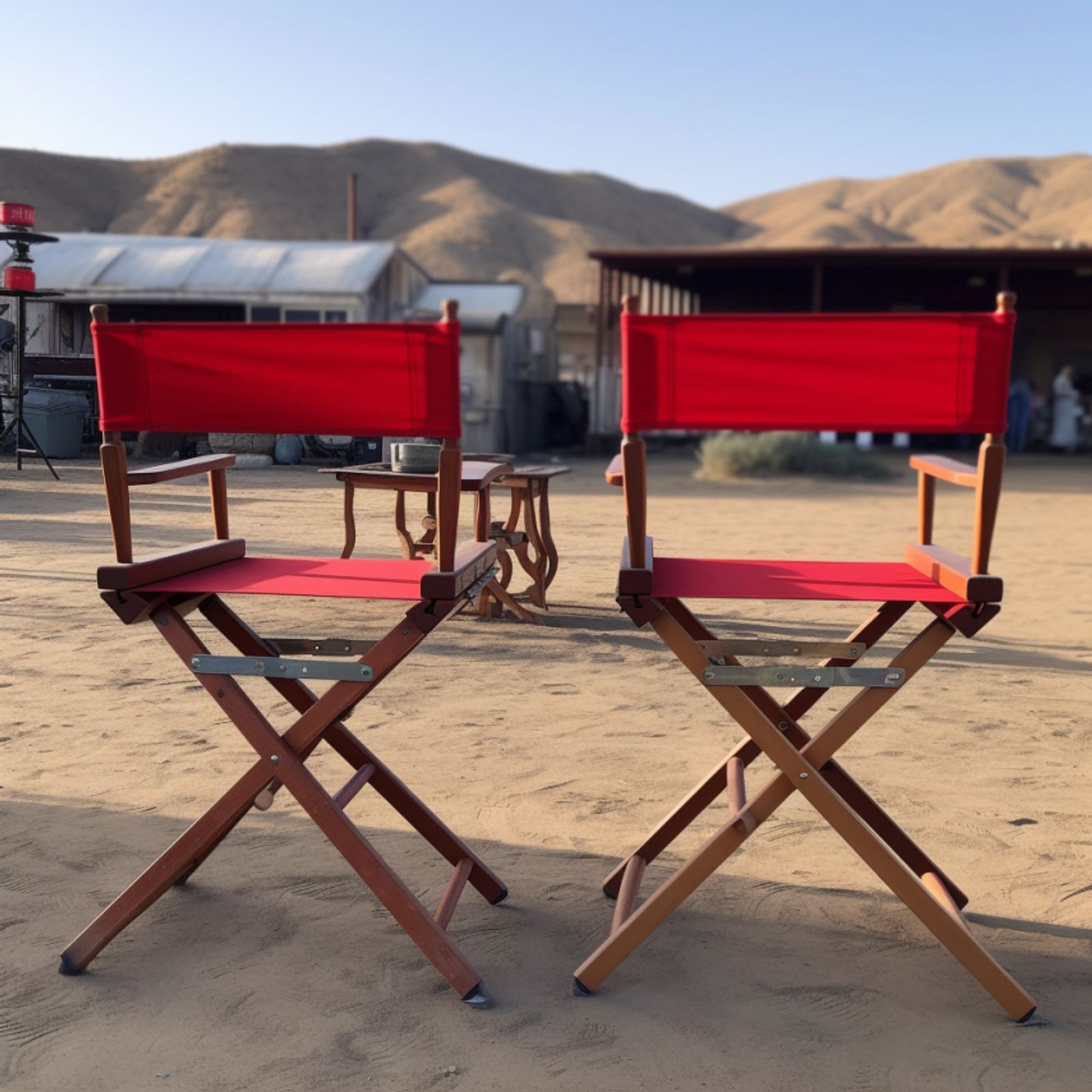 Two red directors chairs on the set of a movie set in a deserte