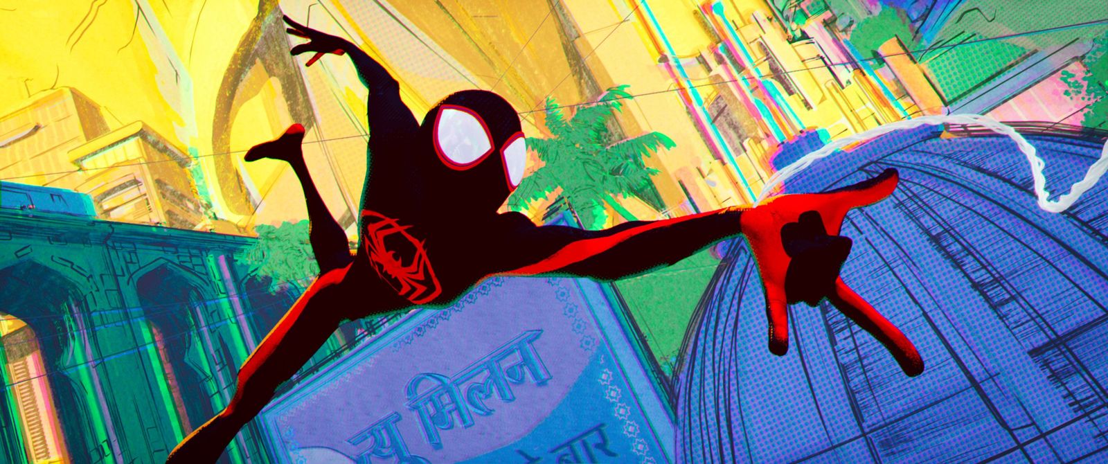 An animated Spider-Man swinging across a cityscape. The colors are strong and contrast a lot.