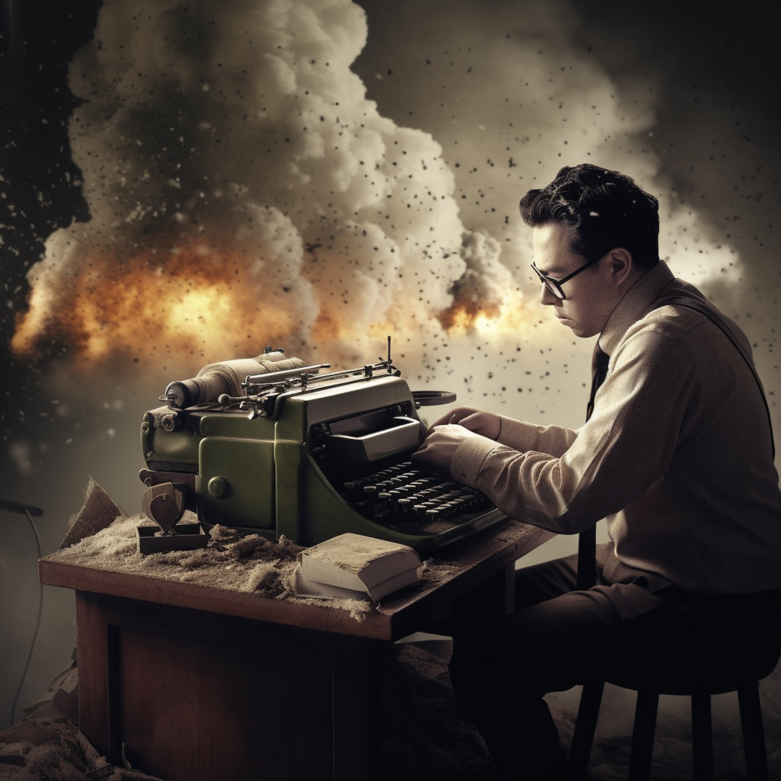 An image of a nerdy looking writer typing on a typewriter, unaffected, as an explosion goes off behind him