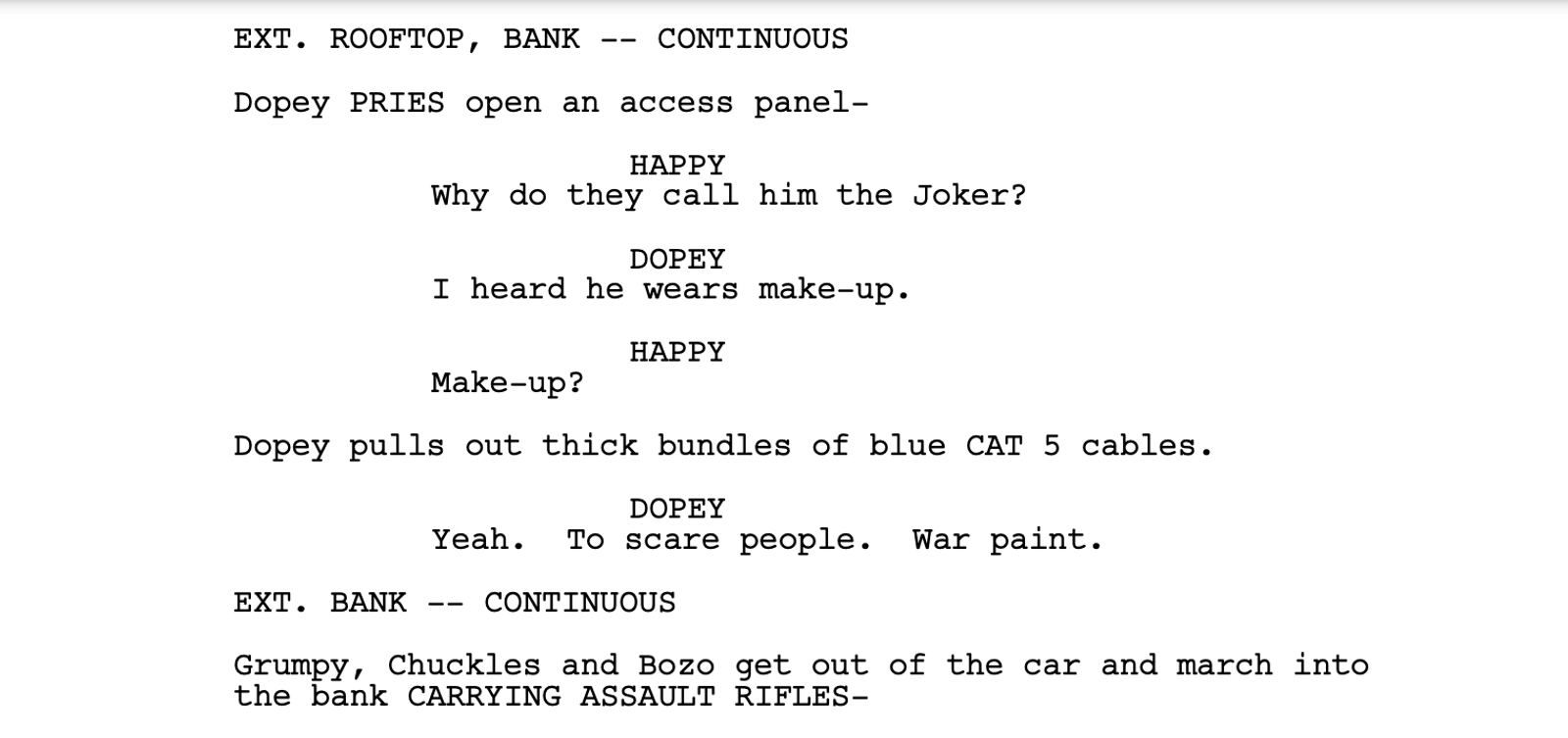 The screenplay opening of The Dark Knight