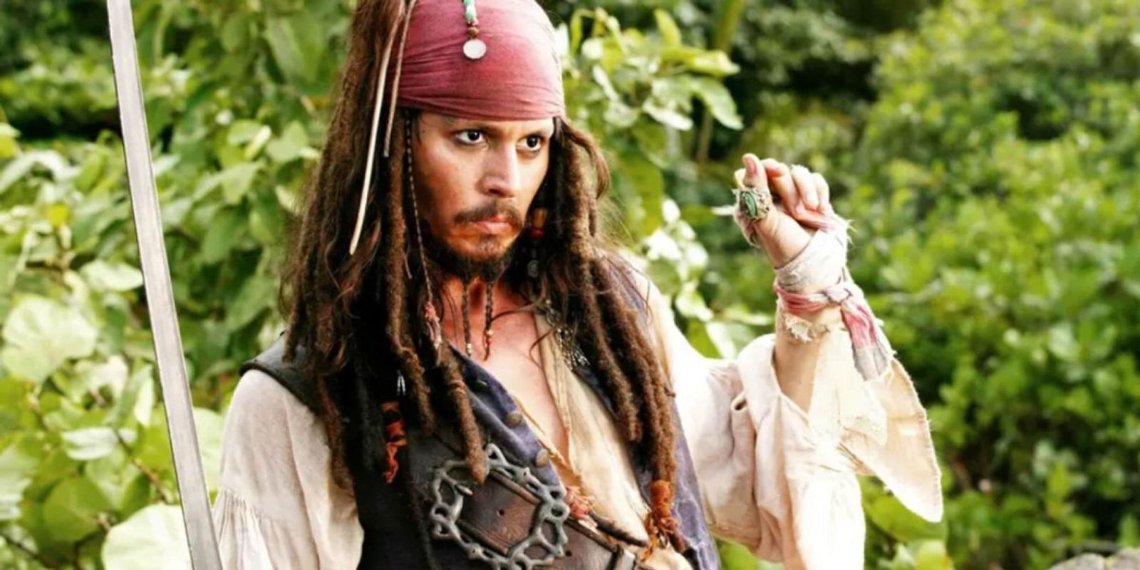 Johnny Depp as Captain Jack Sparrow.
