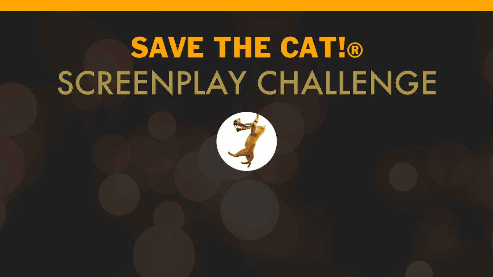 The logo for the Save the Cat! Screenplay Challenge. Orange and green letters and spotlighted picture of a cat swinging by. rope