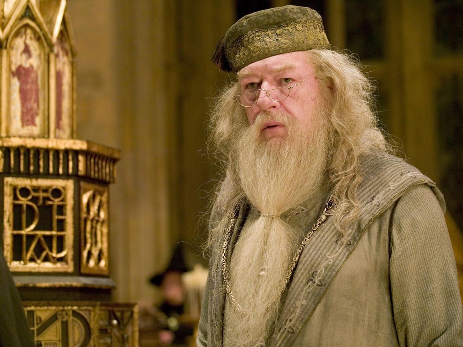 Albus Dumbledore from the Harry Potter series looking perplexed about an issue.