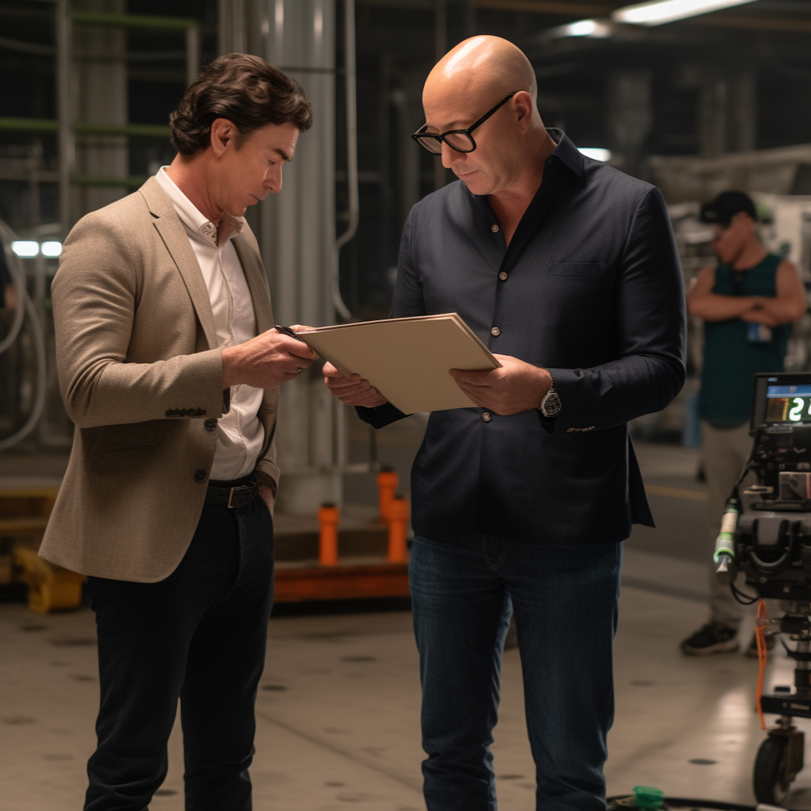 A screenwriter dressed in a grey suit handing over a script to an executive