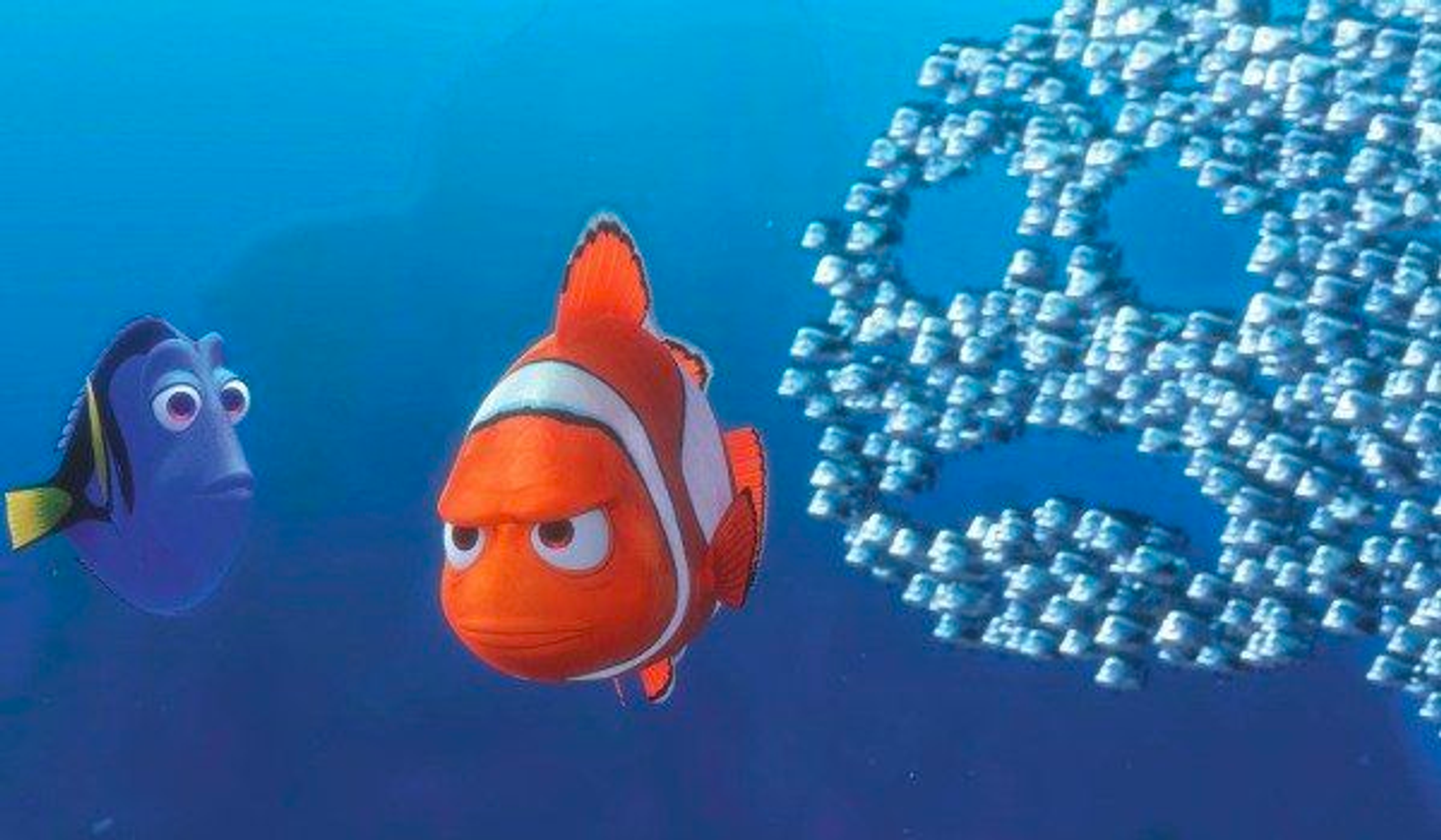 Marlin looks angrily at Dory as they pursue Nemo through the ocean.