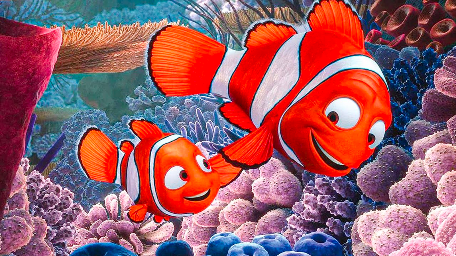 Marlin beaming with joy at his son Nemo deep in the coral reefs where they live.