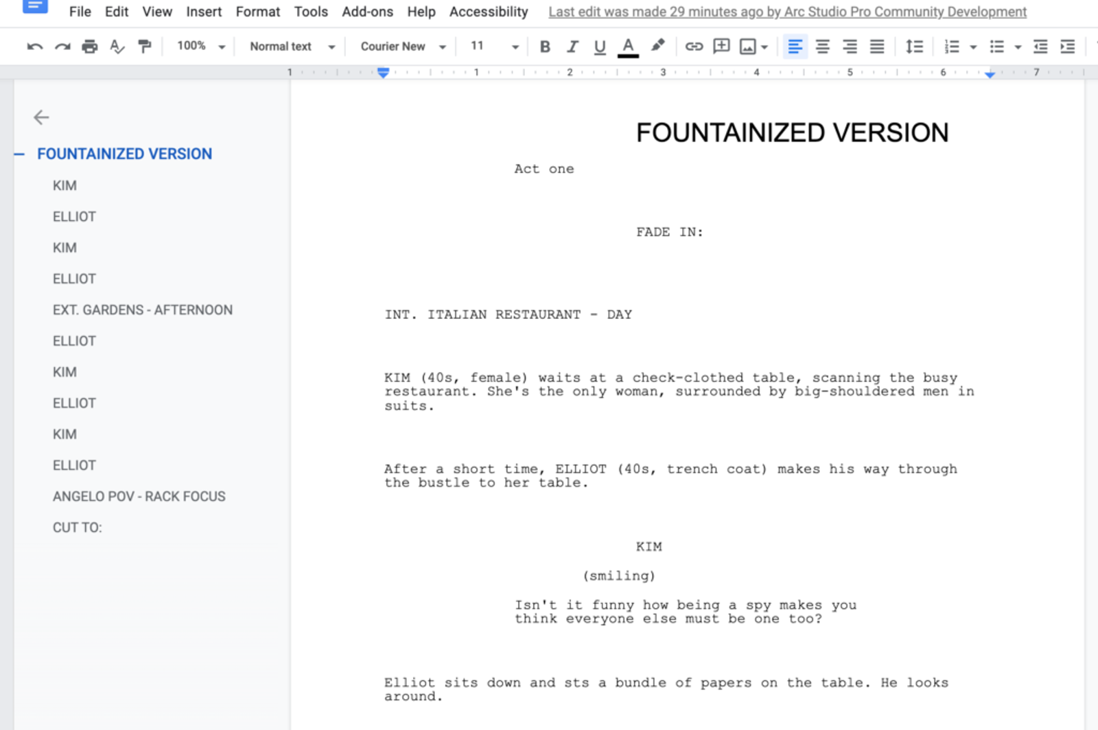 A screenshot of a Google Doc formated in the style of a screenplay