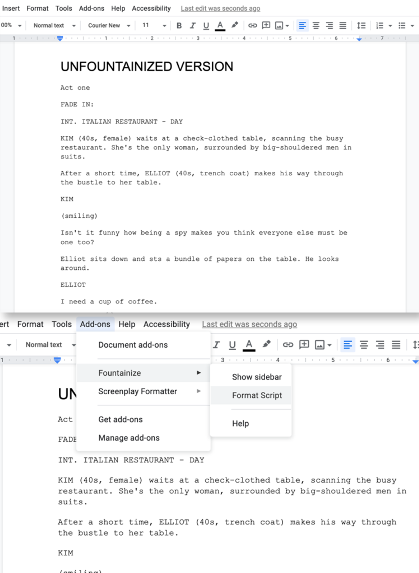 fountanize screenwriting plugin for google docs