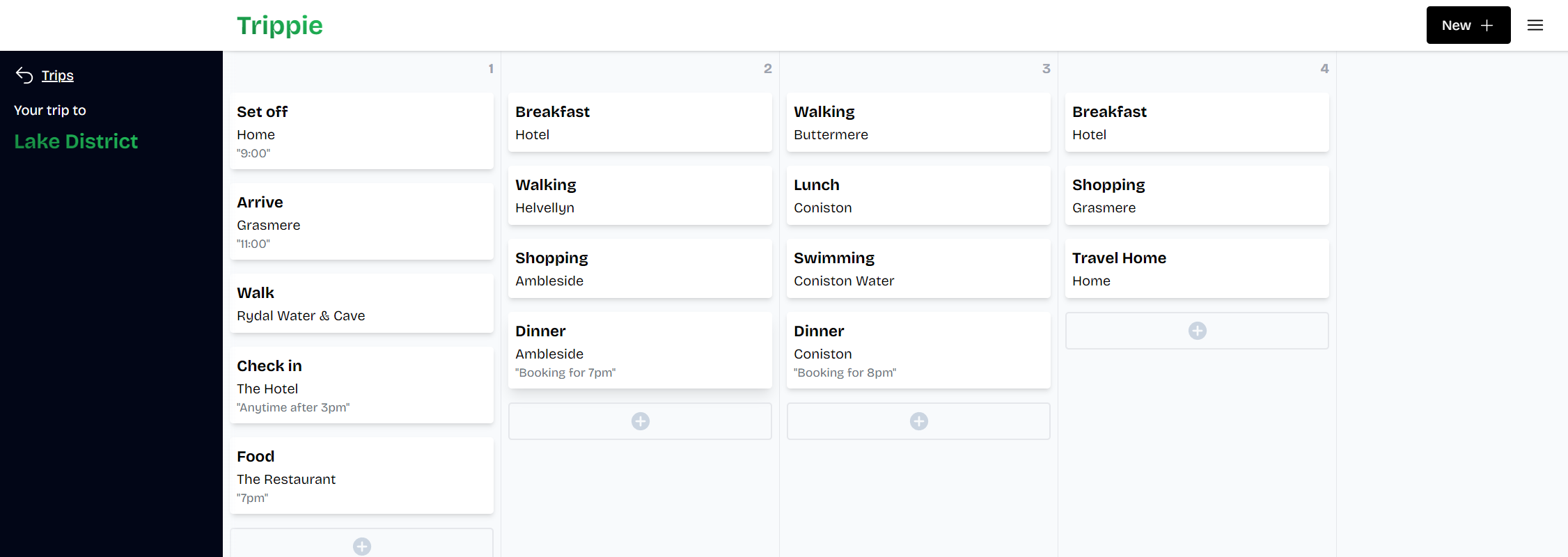 Trippie's main planning dashboard