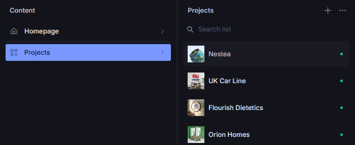 Screenshot of the Sanity CMS interface, showcasing Dom's projects