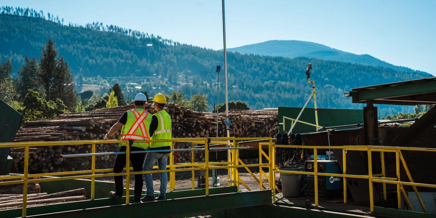 two construction workers are standing on a bridge overlooking a pile of logs .