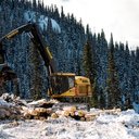 a large excavator is moving logs in the snow in a forest.