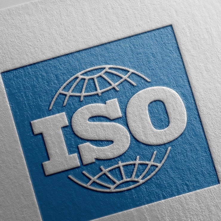 a close up of a iso logo on a piece of paper .