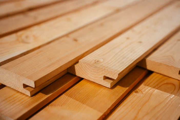 Stacked light wood planks with visible tongue and groove joinery.