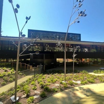 a large building with a lot of windows and trees in front of it .