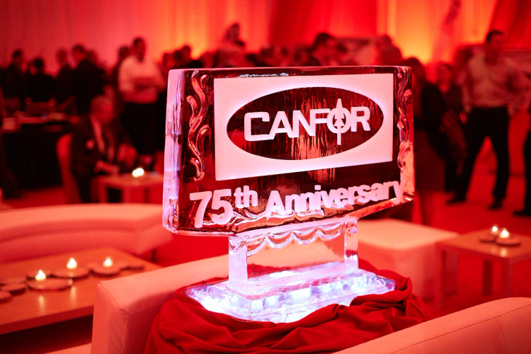 an ice sculpture for the 75th anniversary of canfor