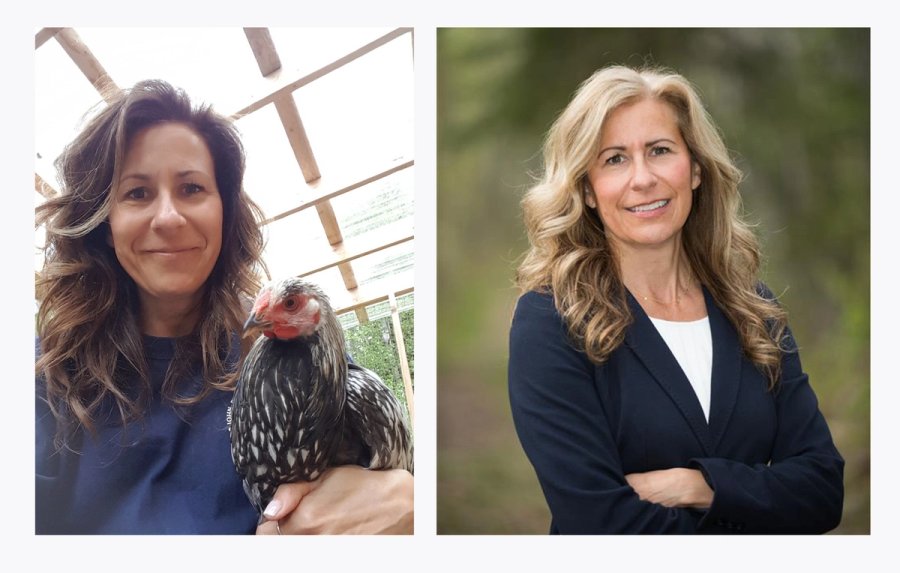 a woman is holding a chicken and a woman is standing with her arms crossed.