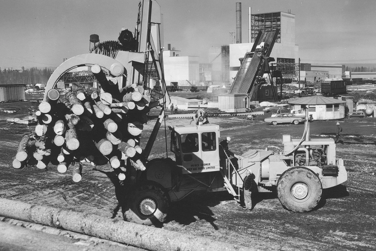 a black and white photo of a tractor carrying logs