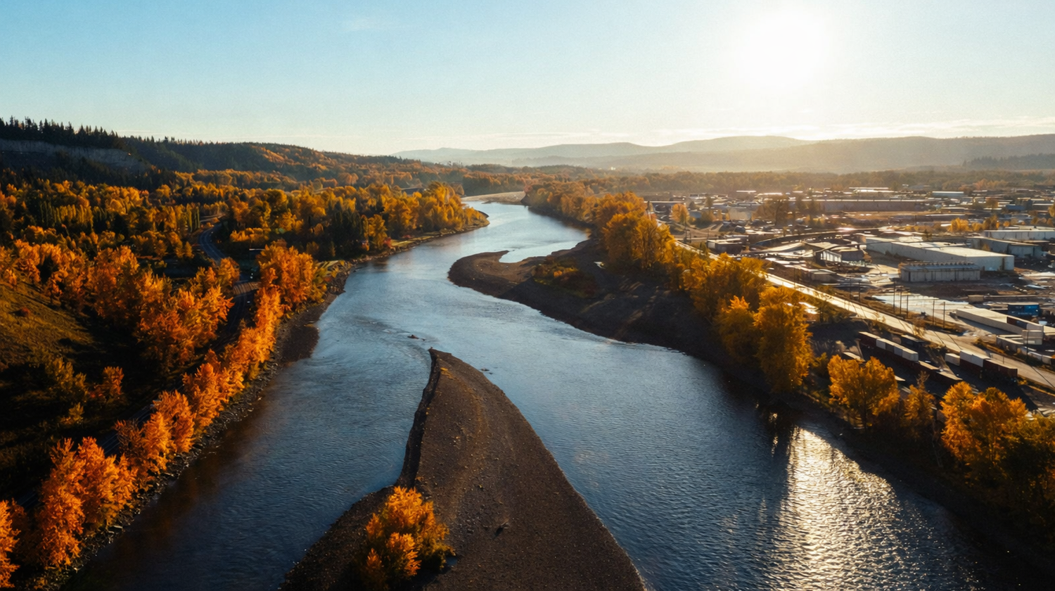 A winding river separates autumn trees from a town under a bright, sunny sky.