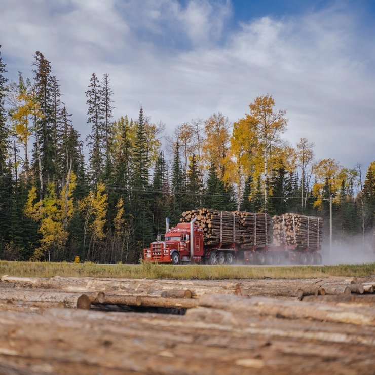 a red truck is driving down a road filled with logs .