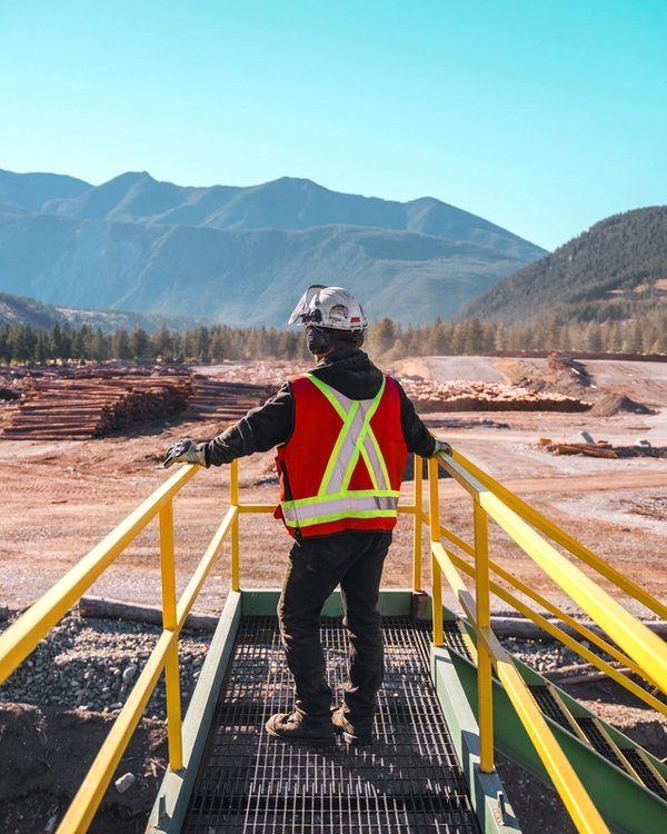 a man in a safety vest is standing on a bridge overlooking a forest .