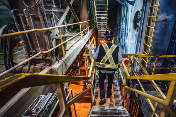 a man wearing a safety vest and hard hat is walking down a metal staircase at a pulp mill.