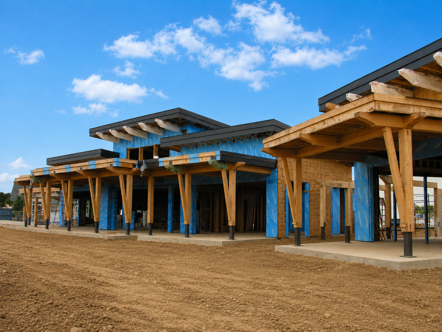 Modern building under construction with prominent timber beams and blue exterior sheathing.
