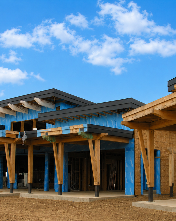 Modern building under construction with prominent timber beams and blue exterior sheathing.