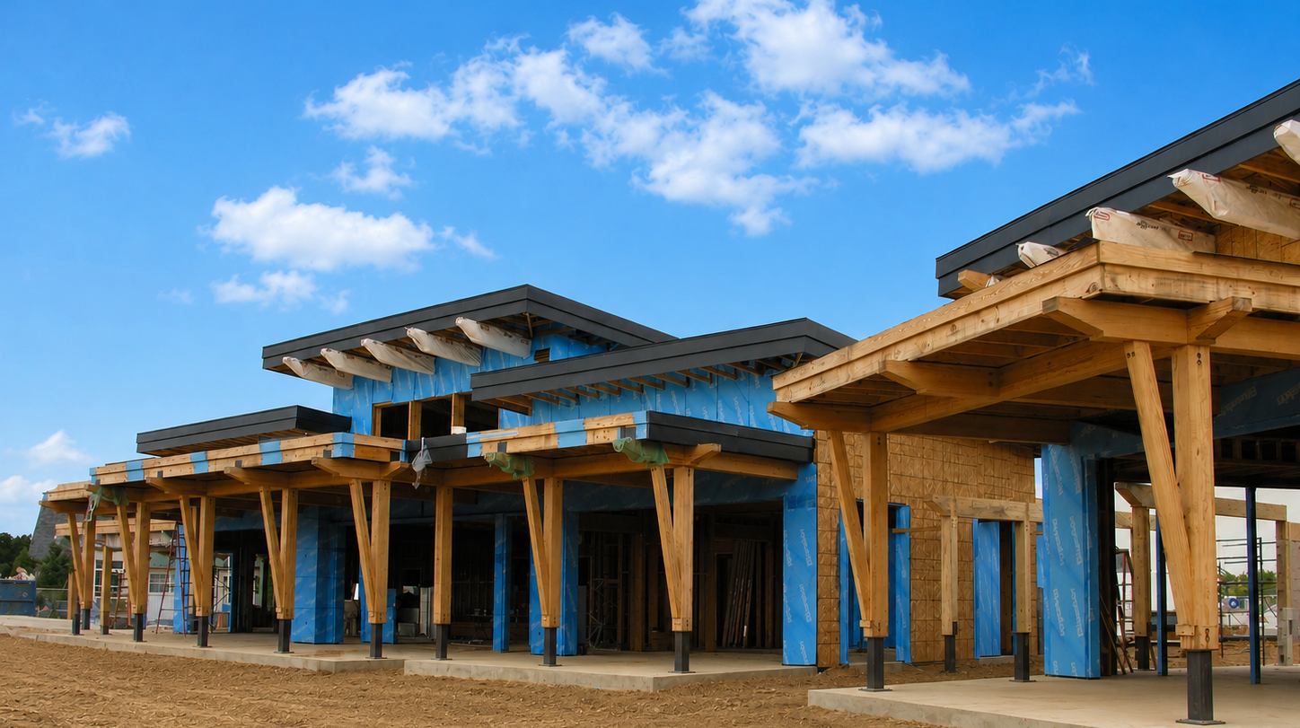 Modern building under construction with prominent timber beams and blue exterior sheathing.