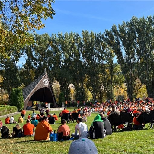 a large crowd of people are sitting in chairs in front of a amphitheater in a park .