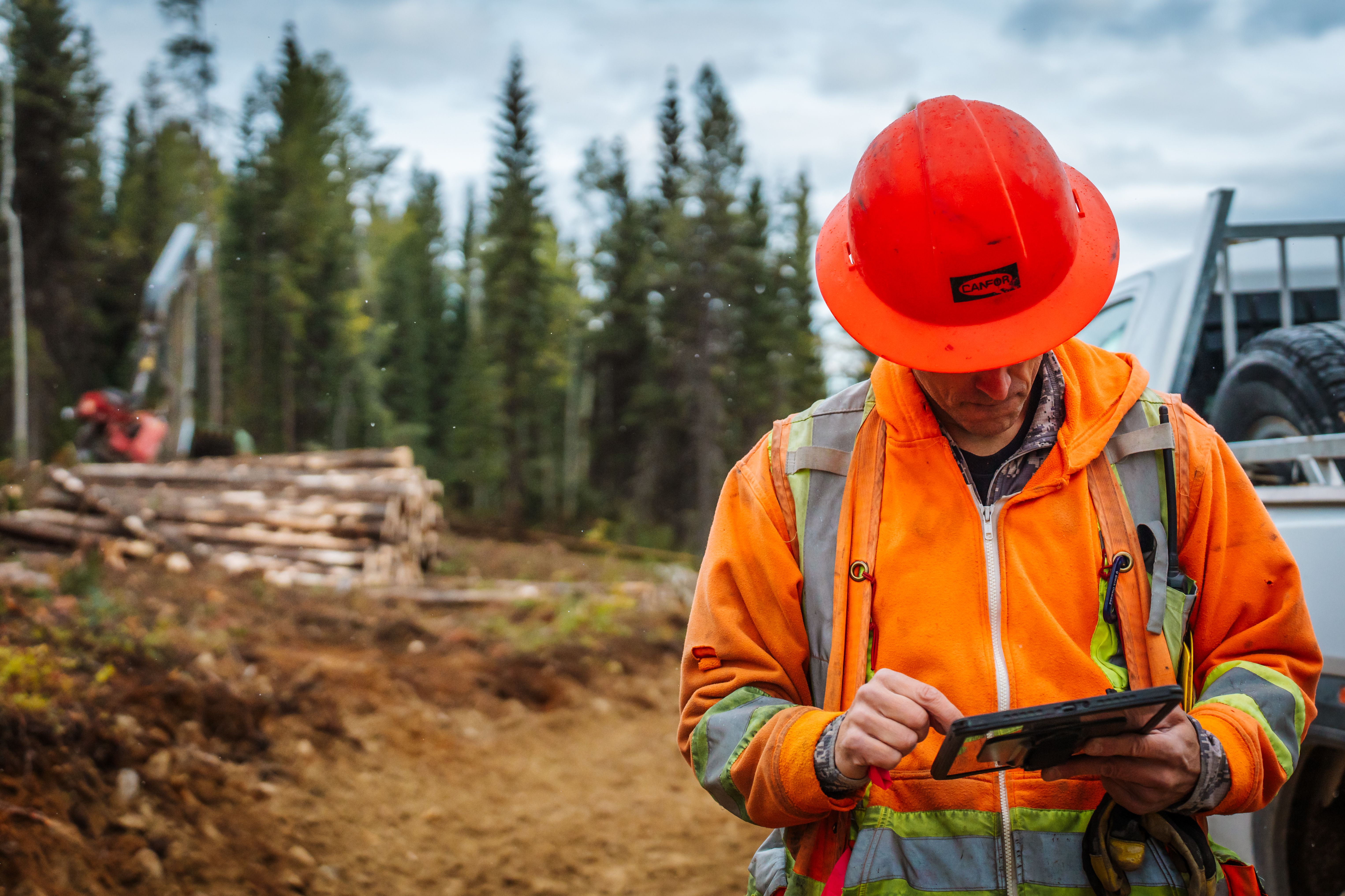 A man in an orange hard hat and high-visibility jacket uses a tablet at a logging site with stacked logs and heavy equipment in the background.
