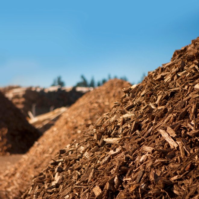 a pile of wood chips is sitting on top of a dirt field .