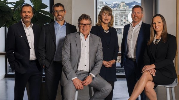 Six professionals in business attire in a modern office with city and mountain views.