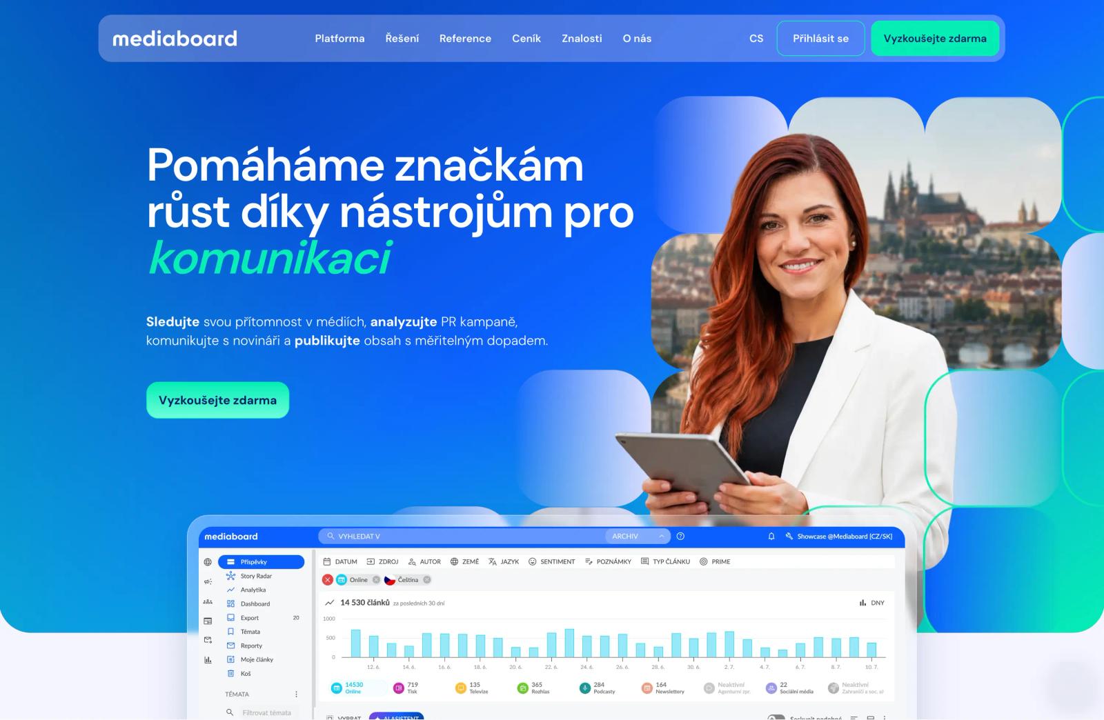 Ukázka webové stránky mediaboard.com vytvořené ve Webflow