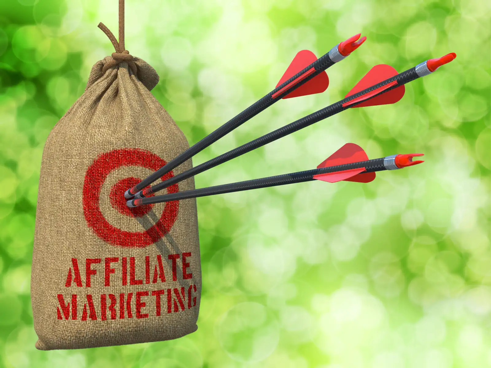 Affiliate Marketing - Three Arrows Hit in Red Target on a Hanging Sack on Green Bokeh Background..jpeg
