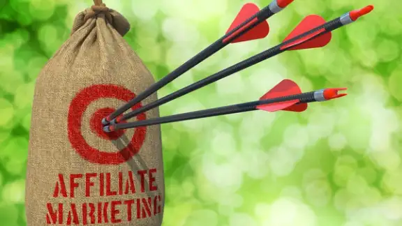 Affiliate Marketing - Three Arrows Hit in Red Target on a Hanging Sack on Green Bokeh Background..jpeg