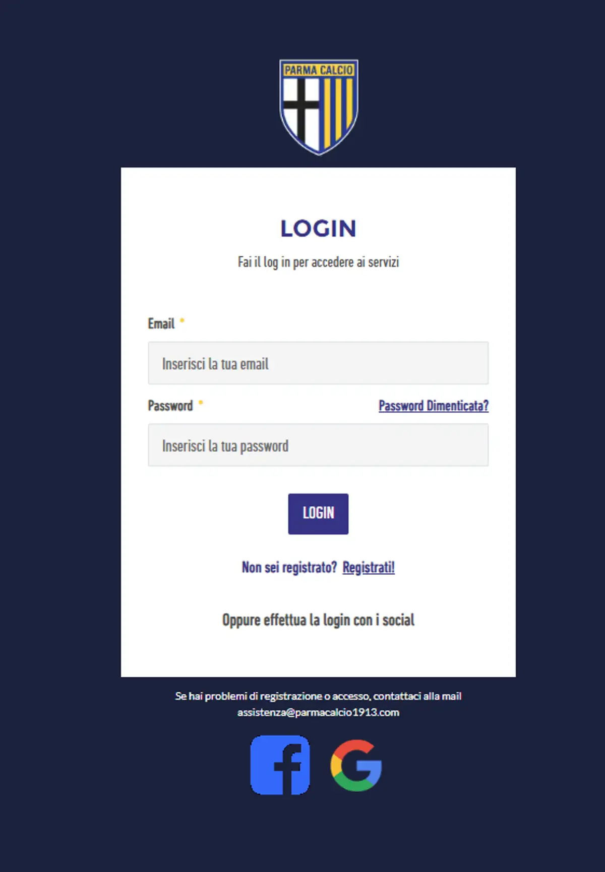 screen della schemata di login del parma calcio basato su shopify