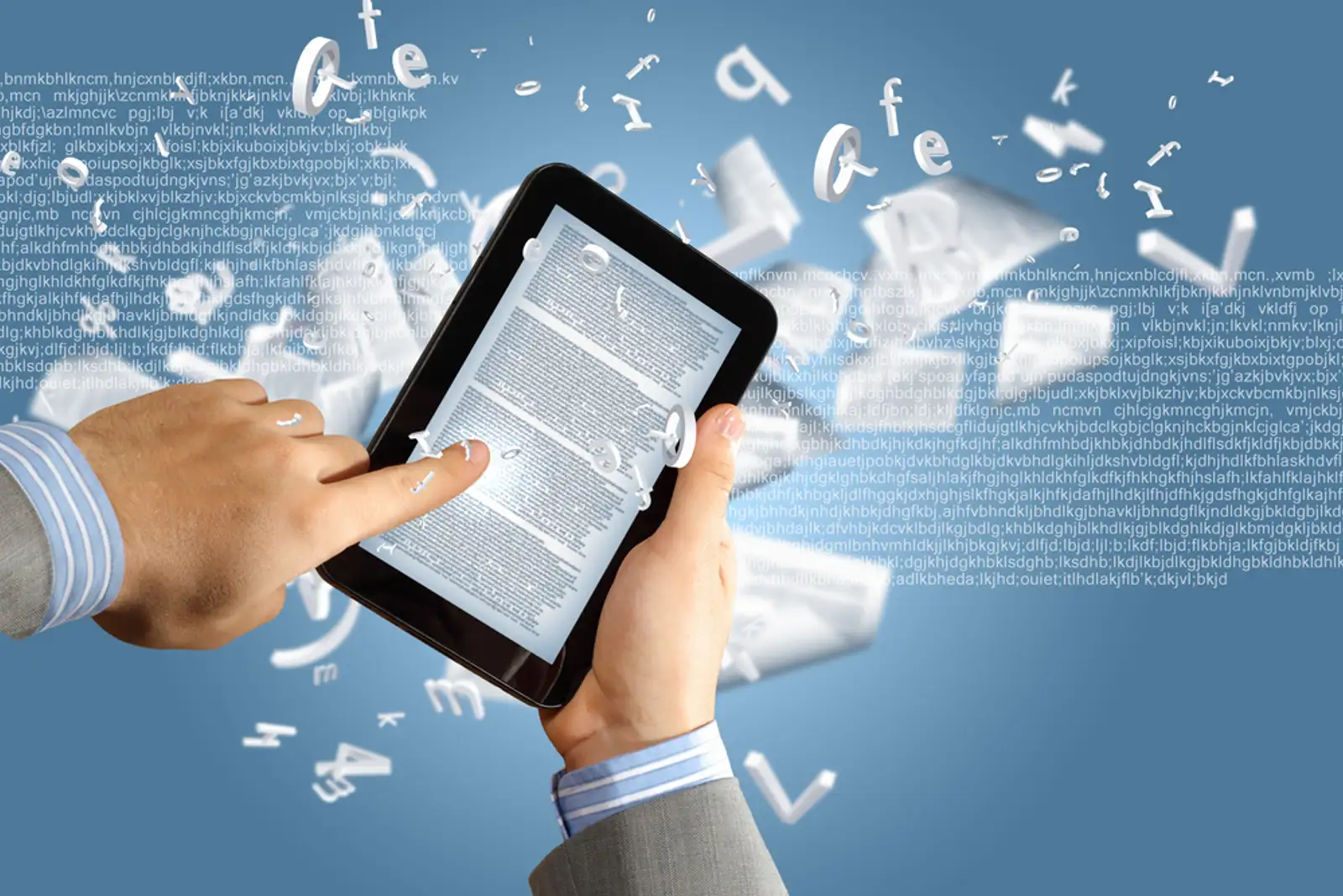 the library in the e-book concept with text pages flying out of a e-reader.jpeg