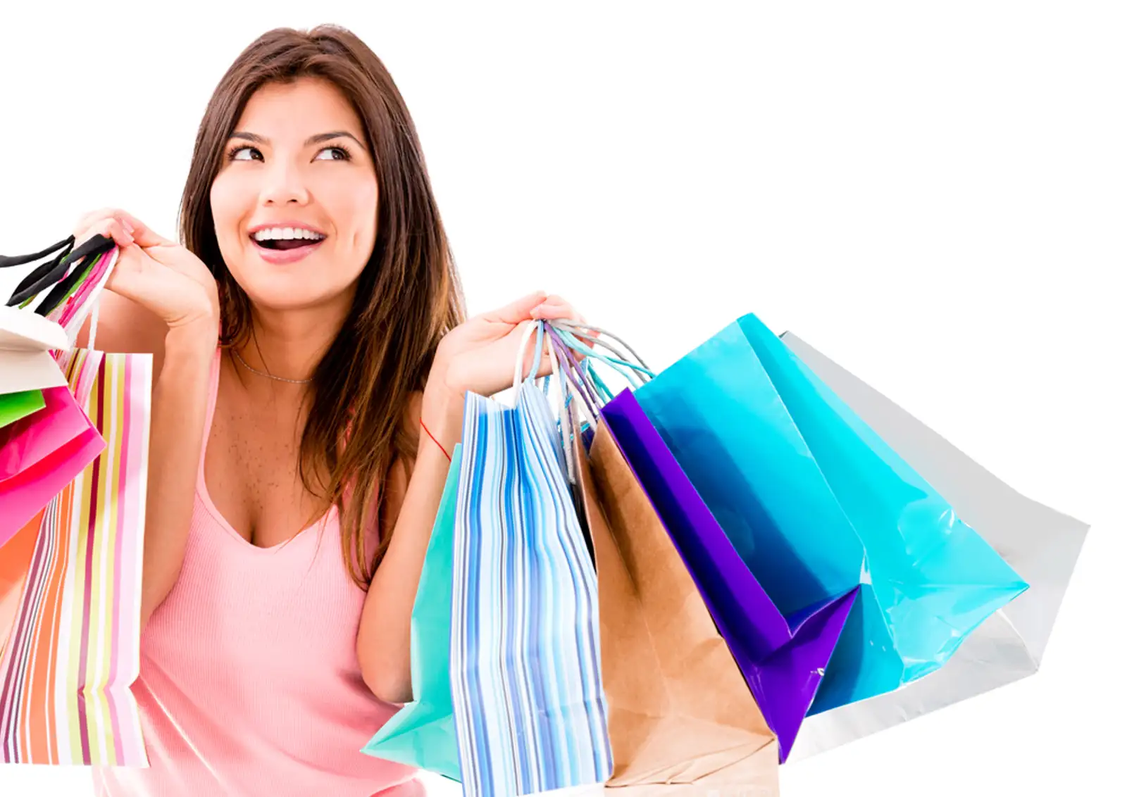 Happy shopping woman smiling - isolated over white background.jpeg